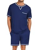 SWOMOG Mens Pajamas Set Summer Sleepwear Short Sleeve Pjs Set Soft 2 Piece Lounge Set Comfy Loungewear with...
