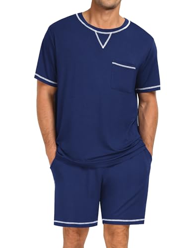 SWOMOG - SWOMOG Men Modal Pajamas Set - Soft 2 Piece Lounge Set, Comfy Short Sleeve Sleepwear with Pockets - Navy Blue, XX-Large - Best Deal on Amazon
