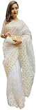 FASHION FRONTIER Bollywood Style Party Wear Off White Khadi Organza With Beautiful Embroidery Moti Work Saree With Unstitched Blouse For Women