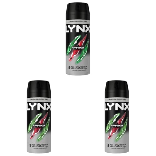 Lynx Africa Antiperspirant Deodorant Spray 72-hour protection against odour and wetness no-fuss aerosol for all-day freshness 150 ml (Pack of 3)
