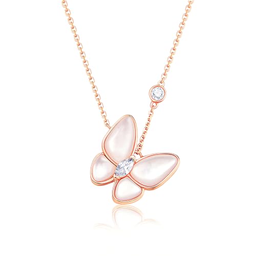 14K Rose Gold Dainty Butterfly Necklaces for Women Trendy Cute Mother of Pearl Shell Pendant Necklace, Jewelry Rose Box Necklace Gifts for Her Woman Wife Mom