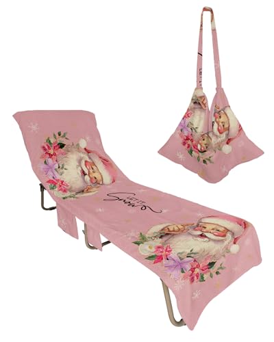 Pink Christmas Beach Lounge Chair Towel Cover, Soft Chaise Lounge Towel with Side Pockets Patio Pool Chairs Cover for Beach/Pool Sunbathing 29x85 Santa Winter Snowflake Botanical Rustic