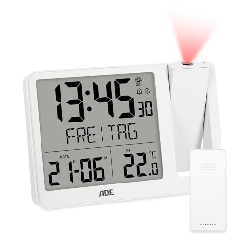 ADE Digitaler Funkwecker mit Projektion und Außensensor | Projektionswecker mit 2 Weckzeiten | Uhr mit Temperaturanzeige Datum und Wochentag | inkl. Netzkabel | weiß