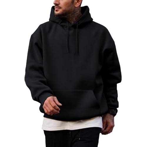 Men's Fleece Lined Hooded Sweatshirt Comfort Fit Long Sleeve Soild Color Drawstring Pullover Top with Pocket