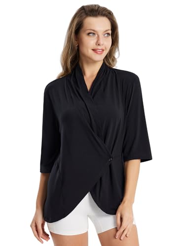 Baleaf Women'S Lightweight Cardigans Open Front 3/4 Sleeve Soft Long Cardigan Breathable Thin For Summer And Fall Kimono Dressy Black M cover