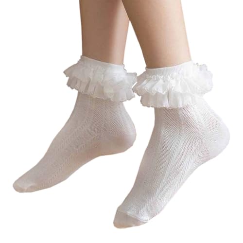 Women Girl Ankle Sock, Lace Top Mesh Summer Socks Lolita Princess Dress Sock with Ruffle Trim Dance Socks PWZ13