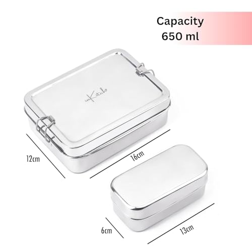 Image of Steel Tiffin Box for Office | 650ML Premium Stainless Steel Square Lunch Box | Leak-Proof Stainless Steel Lunch Box & Office | Durable Rectangle Steel Box with Inner Container & Lock Clip