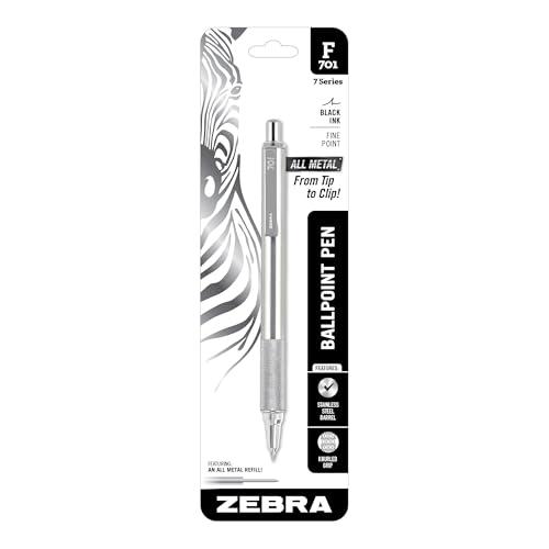 Zebra Pen F-701 Ballpoint Black Ink Fine Point 0.8mm Pen, Heavy Duty, Durable Stainless Steel Barrel, Knurled Grip, Silent Retractable Plunger, Ideal for Tactical Use, 1-Pack (29411)