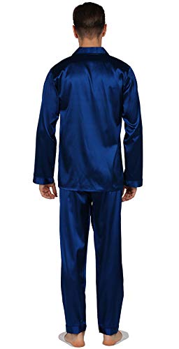 YIMANIE Mens Pajamas Silk Satin Pajamas for Men Soft Sleepwear Button Down Loungewear with Pockets Pure Blue2