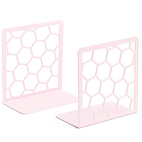 GEOMOD Geometric Honeycomb Pink Metal Bookends Decorative - Tall Sturdy Book Ends for Shelves - Modern Heavy Duty Bookend Stopper - Office or Home Book Shelf Book Holder - 6x3.25x6.25 Inches - 1 Pair
