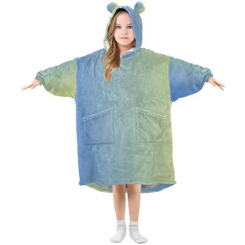 Wearable Blanket for Kids Ombre Girls Warm Comfy Fleece Blue Yellow Gradient Boys Oversized Hooded Sweatshirt M