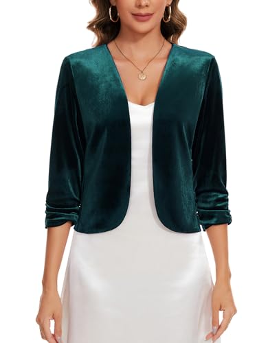 Image of MINTLIMIT Retro Vintage 3/4 Ruched Sleeve Open Front Velvet Cardigan Blazers Womens UK Sweater Formal Dinners (Dark Green S)