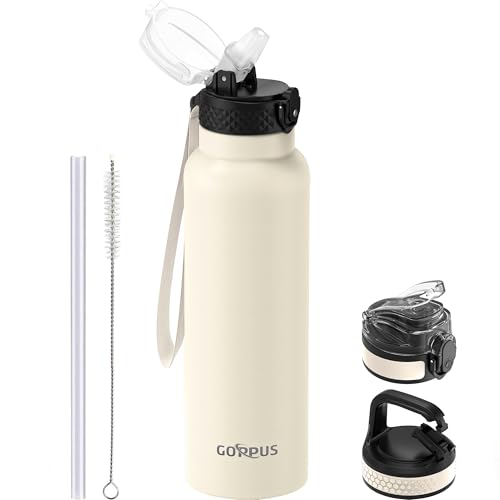 GOPPUS 750ml/26oz Stainless Water Bottle with Straw Double Wall Insulated Bottles with Strap Reusable Vacuum Thermal Flask Leakproof Keep Cold Drinks Bottles with Flip Top Lid BPA Free (Beige)