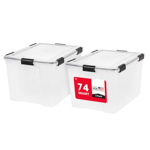 Image of IRIS USA WeatherPro 74 Qt Storage Bins with Lids, 2 Pack, BPA-Free Plastic Gasket Box with Tight Latch and Seal, Stackable Nestable Tote Tub - Clear /Black
