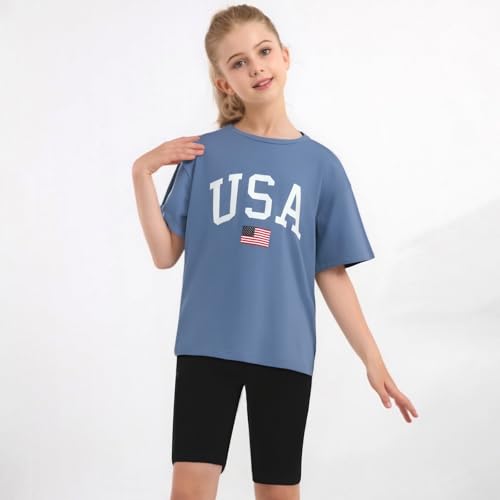Image of Weixinbuy Girls 4th of July Outfit 2 Piece Short Sleeve Oversized T-Shirt and Biker Shorts Kids Fashion Summer Colothes Set