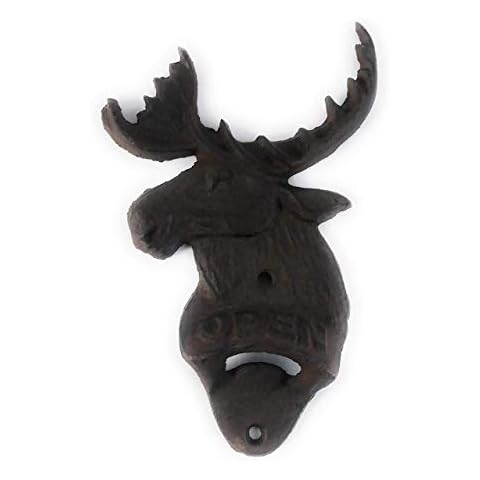 Aunt Chris' Products - Heavy Cast Iron - Moose Head Bottle Opener -"Open" On The Front - Wall Hung - Dark Brown Color Finish - Use Indoor Or Outdoor Cover