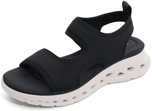 UBFEN Womens Sport Sandals with Elastic Ankle Strap - Comfortable Walking Casual Open Toe Summer Wedge Sandals Black Size 7