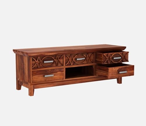 Image of Solid Sheesham Wood TV Unit for Living Room | TV Stand | TV Cabinet with Storage for Living Room and Hotel Furniture (Honey Finish-01)