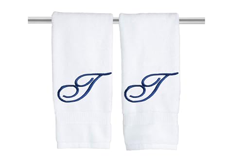 Decorvo White Monogrammed Hand Towels for Bathroom - Luxury Hotel Quality Personalized Initial Embroidered Towel for Powder Room, Spa - GOTS Organic Certified - Set of 2 Navy Letter T