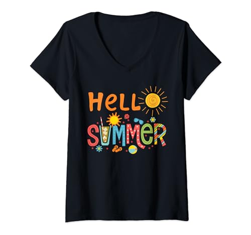 Femme Hello Summer/Summer Fun/Summer Break/Sunny Season/Summer T-Shirt avec Col en V