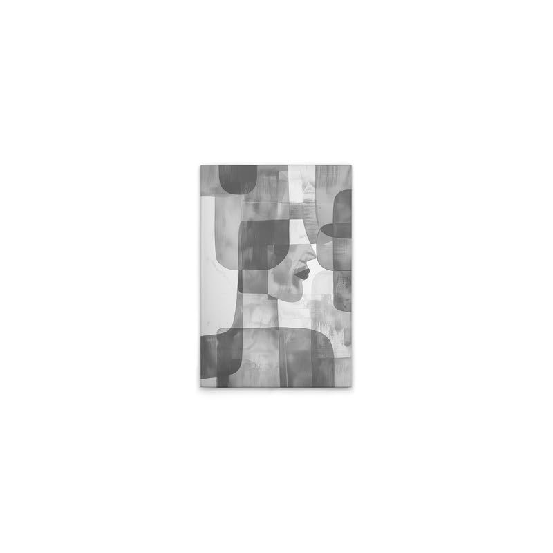 Toile visage abstrait gris blanc accrochée dans un salon contemporain