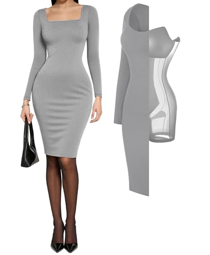 Popilush Cocktail Gray Dress Long Sleeve Square Neck Midi Dress Shapewear Tummy Control Bodycon Dress Party Evening Built in Bra — view 2