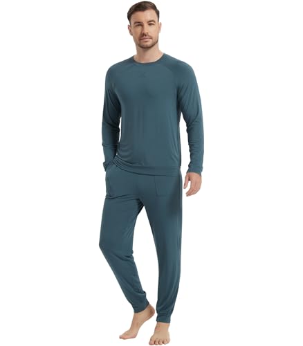 Image of NACHILA Mens Pajamas Set Long Sleeve Henley Sleepwear Top Soft Jogger Pants Pajamas Cool Pjs Set,Viscose Made from Bamboo