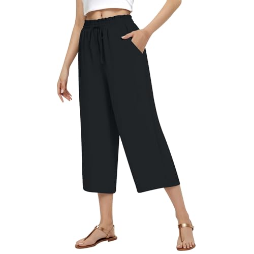 Wide Leg Capri Pants for Women Loose High Waisted Elastic Cotton Linen Pants Drawstring Casual Trousers with Pockets3