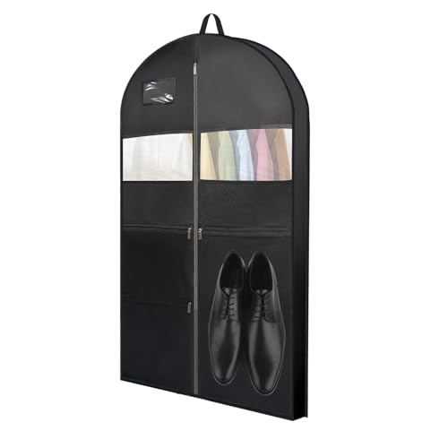 43'' Garment bag with Heavy Duty Shoe Storage travel bag, 3 Zipper Pocket Breathable Suit garment Cover for Dresses, Coats, Tuxedos, Travel Essential, Black, 1 Pack