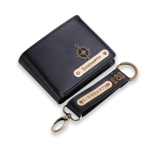 Image of Personalized Name & Charm Leather Wallet & Keychain (Dark Brown) Giftset for Men|Customized Birthday Anniversary Corporate Gift for Man|Gifts for Men|Secret Santa Gifts for Office Staff Dark Grey