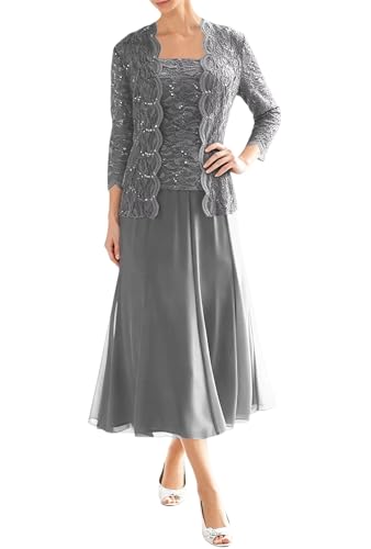Gray Mother of Groom Dresses Tea Length Lace Wedding Guest Dresses with Jacket Grandmother of The Bride Dress for Women US16