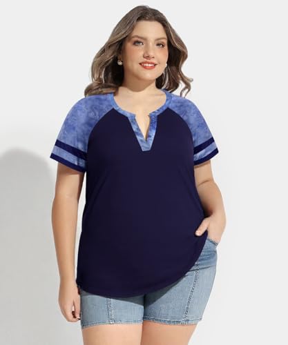 Image of CARCOS Plus Size Tops for Women Short Sleeve Summer Pullover Color Block Crewneck /V Neck Tee Tunic Loose Fit Tshirts XL-5XL