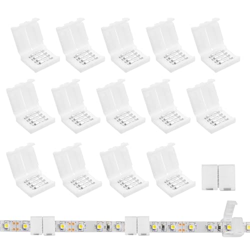 15Pcs 4 Pin LED Connector, RGB LED Light Strip Connectors, No Tools Required Quick Connector, Solderless Unwired Gapless Heat Resistant, for 8mm SMD 2835 3528 RGB LED Strip Splice Extend (White)