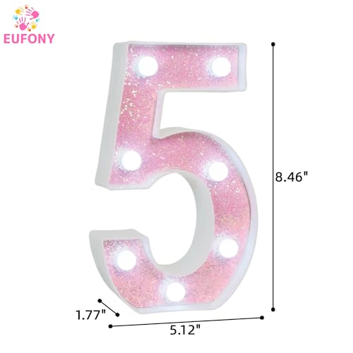 Image of Pink Glitter Marquee Light Up Numbers, LED Number Lights Battery Operated for Girls 5th 15th Pink Birthday Party Table Decorations, Wall Decor for Girls Bedroom, Number 5 Sign Cool White Lights