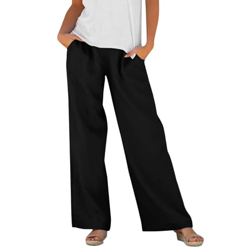 Pantalones de lino de verano para mujer, pantalones de tela con bolsillos, cintura elástica, pantalones rectos, holgados, pantalones de ocio, cómodos, holgados, pantalones de deporte, tallas grandes