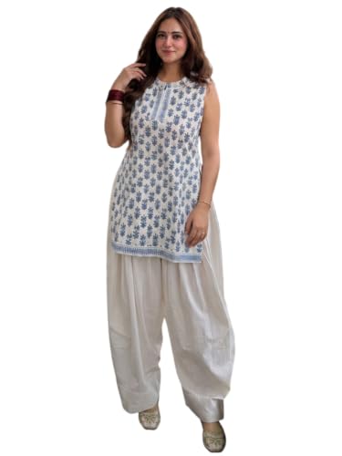 Image of ANNI Designer Farshi Salwar Suit for Women Cotton Printed | Co Ord Set for Woman | Straight Kurta Palazzo Outfit Mandarin Collar Sleeveless Ethnic Dress Womens Clothing