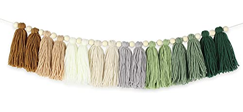 Image of Neolifism Green Tassel Garland Decor Jungle Leaves Boho Neutral Sage Green Muted Cotton Wood Bead Tassel Banner for Classroom Nursery Kids Bedroom Baby Shower School Party Desk Decor