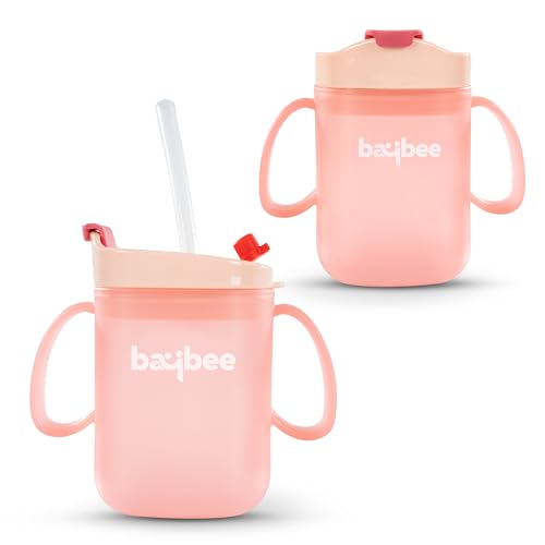 Image of BAYBEE Hazzy 2 in 1 280ml Baby Sipper Bottle for Kids, Drinking Training Anti Spill Sippy Cup with Silicone Straw, Spill Proof & Non-Slip Twin Handles | Spout Sipper Cup for Infants 6+ Months (Pink)