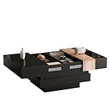 OUNICE Quadratischer Wohnzimmertisch 70 x 70 x 39 cm, Ausziehbarer Couchtisch mit versteckter Aufbewahrung, Farbblock-Design-Teetisch, Hochglanz-Wohnzimmertisch, schwarz