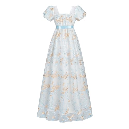 LTAKK Regency Dress Women Regency Costume Empire Waist Tea Party Victorian Gown with Sash, Blue Gold Embroidery, XL