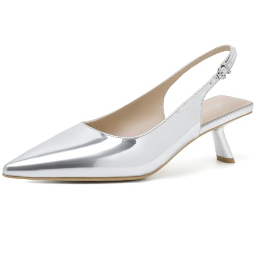 Image of Mostrin Kitten Heels for Women Pointed Toe Pumps Patent Leather Low Heel Slingback Heels with Buckle Dress Shoes for Dating Party Working