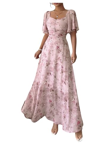 Floerns Womens Butterfly Short Sleeve Boho Maxi Dress Sweetheart Neck Vacation A Line Dresses Dusty Pink X-Large