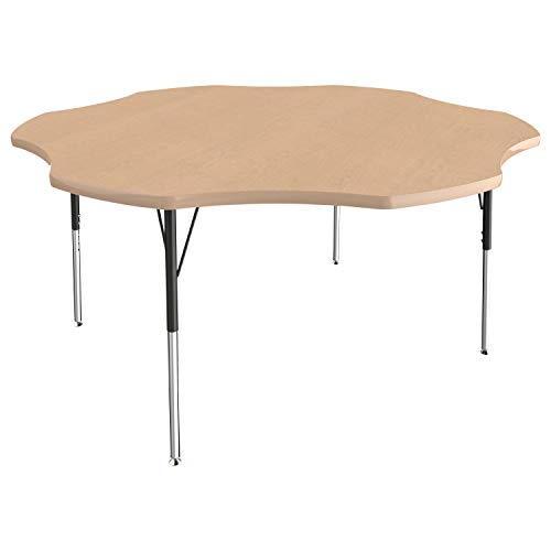Image of FDP Flower Activity School and Office Table (60 inch), Standard Legs with Swivel Glides for Collaborative Seating Environments, Adjustable Height 19-30 inches - Maple Top and Maple Edge