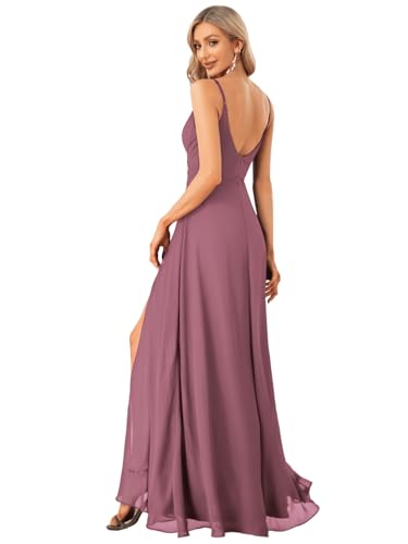 Image of Ever-Pretty Women's Summer Backless Spaghetti Straps Bridesmaid Dresses Chiffon V-Neck Slit Long Formal Wedding Guest Dress