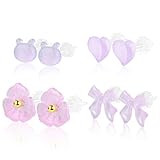 Plastic Earrings, KMEOSCH 4 Pairs Plastic Earrings for Sensitive Ears Surgery, Cute Heart Flower Bear Posts Stud Earrings Retainers Purple