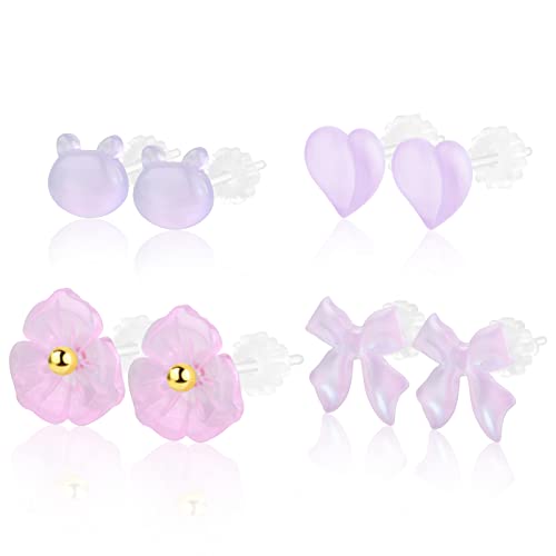 Plastic Earrings, KMEOSCH 4 Pairs Cute Lightweight Plastic Earrings for Sensitive Ears Surgery, Peach Flower Bear Bowtie
