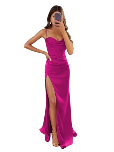 Image of Women's Mermaid Prom Dress with Slit Satin Bridesmaid Dresses Long Corset Evening Formal Party Gown