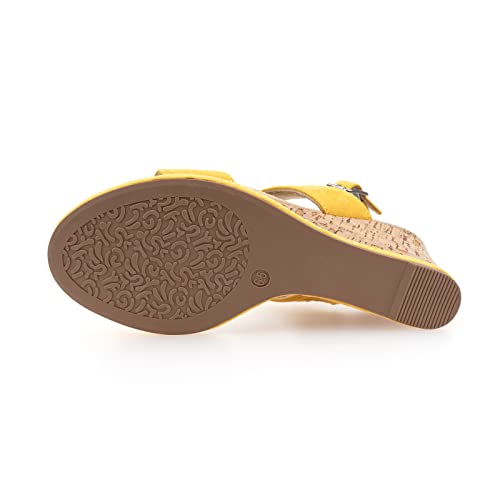 Vjh Confort Women's Wedge Sandals Buckle Straps Cork Platform Comfort Slingback Dress Open Toe Sandals(Yellow 8) #TOP4