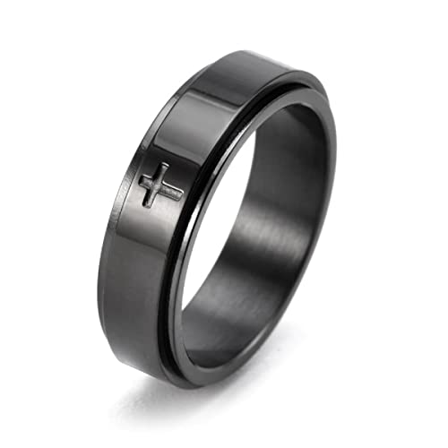 Fuqimanman2020 6mm Stainless Steel Cross Spinner Band Ring Stress Relief Christian Jesus Christ Lord Prayer Rotating Fidget for Men Women Anxiety Religious Engagement Wedding Jewelry