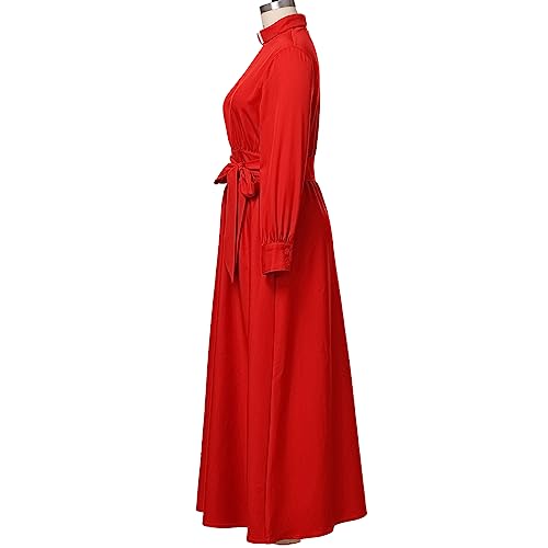 Image of CAMDOM Church Clergy Dress for Women Long Sleeve A Line Elegant Maxi Dress with Tab Insert Stand Collar and BeltA